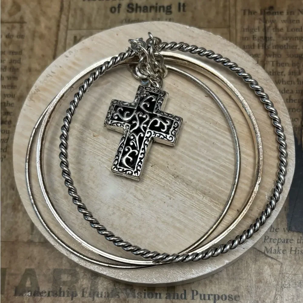 Vintage Silver Tone Bangle Bracelet Stack 3pc Filigree Cross Charm Boho Western